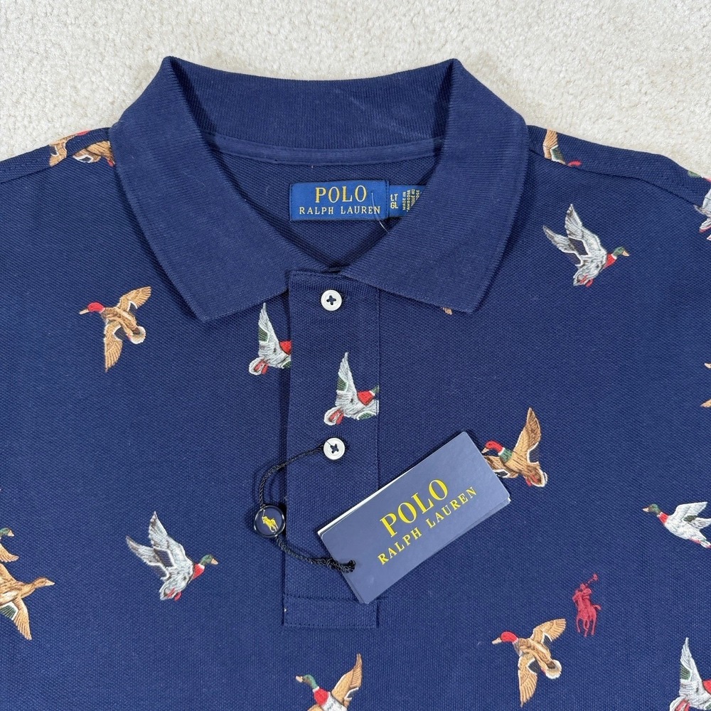 NWT Polo Ralph Lauren Duck Print Polo Golf Shirt Mens Large Tall Navy Blue Pique